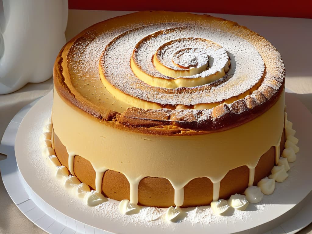  A closeup, highresolution image of a perfectly risen, goldenbrown sponge cake, with delicate crumbs cascading down its side. The surface is adorned with a light dusting of powdered sugar, emphasizing the intricate texture created by the leavening agents. The lighting is soft, casting gentle shadows that highlight the cake's fluffy, airy structure. This minimalist composition captures the essence of a perfectly leavened, irresistible sponge cake, inviting the viewer to appreciate the artistry of baking. hyperrealistic, full body, detailed clothing, highly detailed, cinematic lighting, stunningly beautiful, intricate, sharp focus, f/1. 8, 85mm, (centered image composition), (professionally color graded), ((bright soft diffused light)), volumetric fog, trending on instagram, trending on tumblr, HDR 4K, 8K