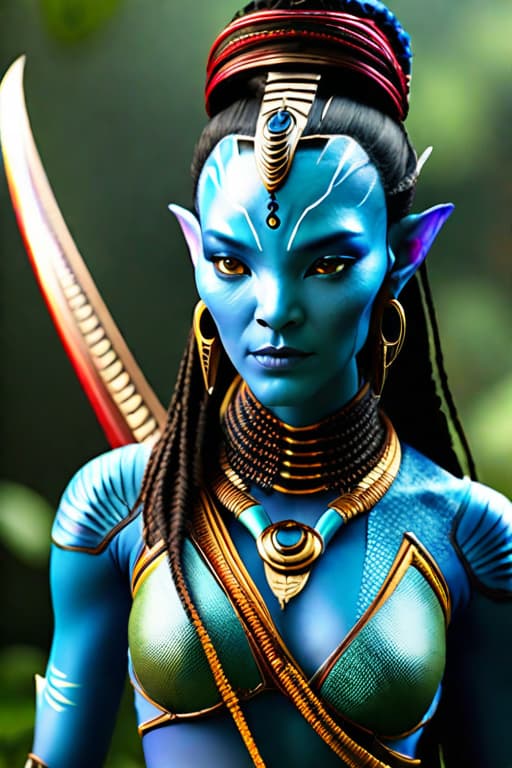  Create a high resolution, photorealistic wallpaper featuring a delicate female blue skinned alien from the movie "Avatar." She should be adorned with intricate, sparkling head ornaments, facing forward. The scene should be vibrant and dynamic, set in the lush, bioluminescent environment of Pandora. Bright sunlight should stream in, creating a radiant and ethereal atmosphere. The overall image should be detailed and awe inspiring, capturing the essence of the "Avatar" universe. hyperrealistic, full body, detailed clothing, highly detailed, cinematic lighting, stunningly beautiful, intricate, sharp focus, f/1. 8, 85mm, (centered image composition), (professionally color graded), ((bright soft diffused light)), volumetric fog, trending on instagram, trending on tumblr, HDR 4K, 8K