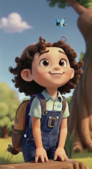  {Riley looking up at the tree with a big smile, animals surrounding them., Riley, a curious with big brown eyes and curly hair, wearing overalls and carrying a small backpack. Their friend, Skye, a bluebird with shiny feathers.