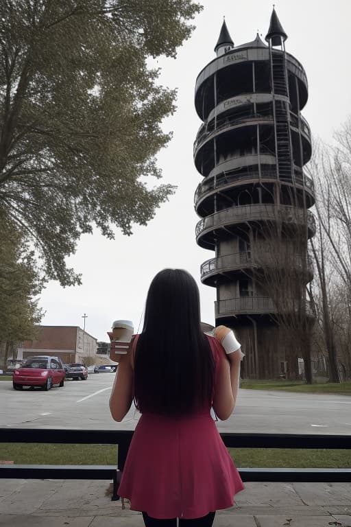  Girl is drinking coffee and behind her evil tower