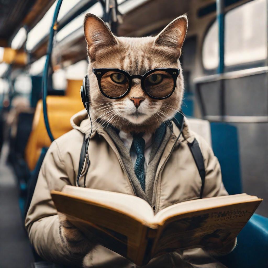  Realistic image of a cat wearing headphones and reading glasses while riding a bus. hyperrealistic, full body, detailed clothing, highly detailed, cinematic lighting, stunningly beautiful, intricate, sharp focus, f/1. 8, 85mm, (centered image composition), (professionally color graded), ((bright soft diffused light)), volumetric fog, trending on instagram, trending on tumblr, HDR 4K, 8K