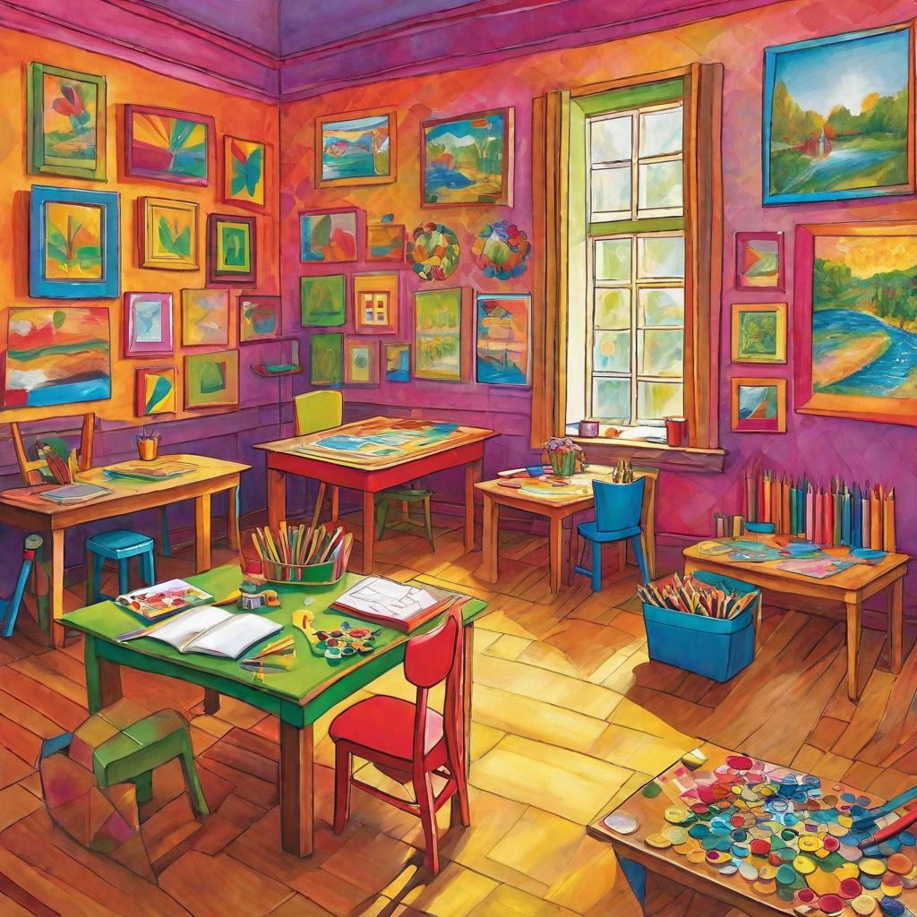  Prompt: Depict a and vint art clroom filled with small ren engaged in various creative activities. The room is abuzz with bright and joyous energy, overflowing with ren’s enthusiasm and happiness. The room should be brimming with unfinished paintings, crayons, color palettes, paintbrushes, and papers decorating the tables and easels. The ren, of varying ages and ethnicities, are bustling around the room, bringing to life their vivid imaginations on the canvas. One might be seen lost in the splendor of his abstract painting, another could be sculpting a lump of clay enthusiastically, while a few others are collectively working on a large communal mural full of color and whimsy. Make sure to emphasize t hyperrealistic, full body, detailed clothing, highly detailed, cinematic lighting, stunningly beautiful, intricate, sharp focus, f/1. 8, 85mm, (centered image composition), (professionally color graded), ((bright soft diffused light)), volumetric fog, trending on instagram, trending on tumblr, HDR 4K, 8K