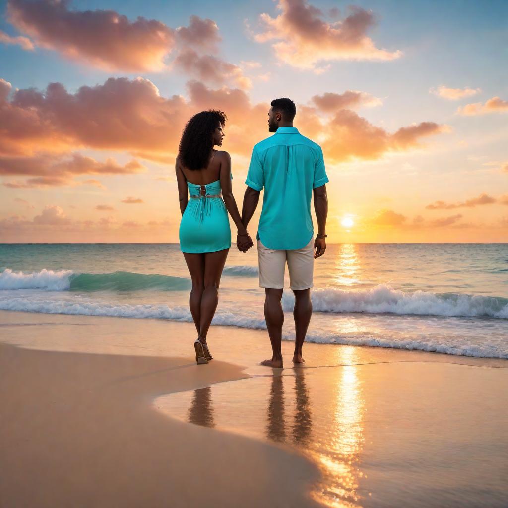  A Bahamian couple, casually dressed, standing on a beach with their backs to the viewer, holding hands and looking at a stunning sunset over the ocean. The sky is painted with vibrant colors, and the tranquil sea reflects the warm hues of the sun. hyperrealistic, full body, detailed clothing, highly detailed, cinematic lighting, stunningly beautiful, intricate, sharp focus, f/1. 8, 85mm, (centered image composition), (professionally color graded), ((bright soft diffused light)), volumetric fog, trending on instagram, trending on tumblr, HDR 4K, 8K