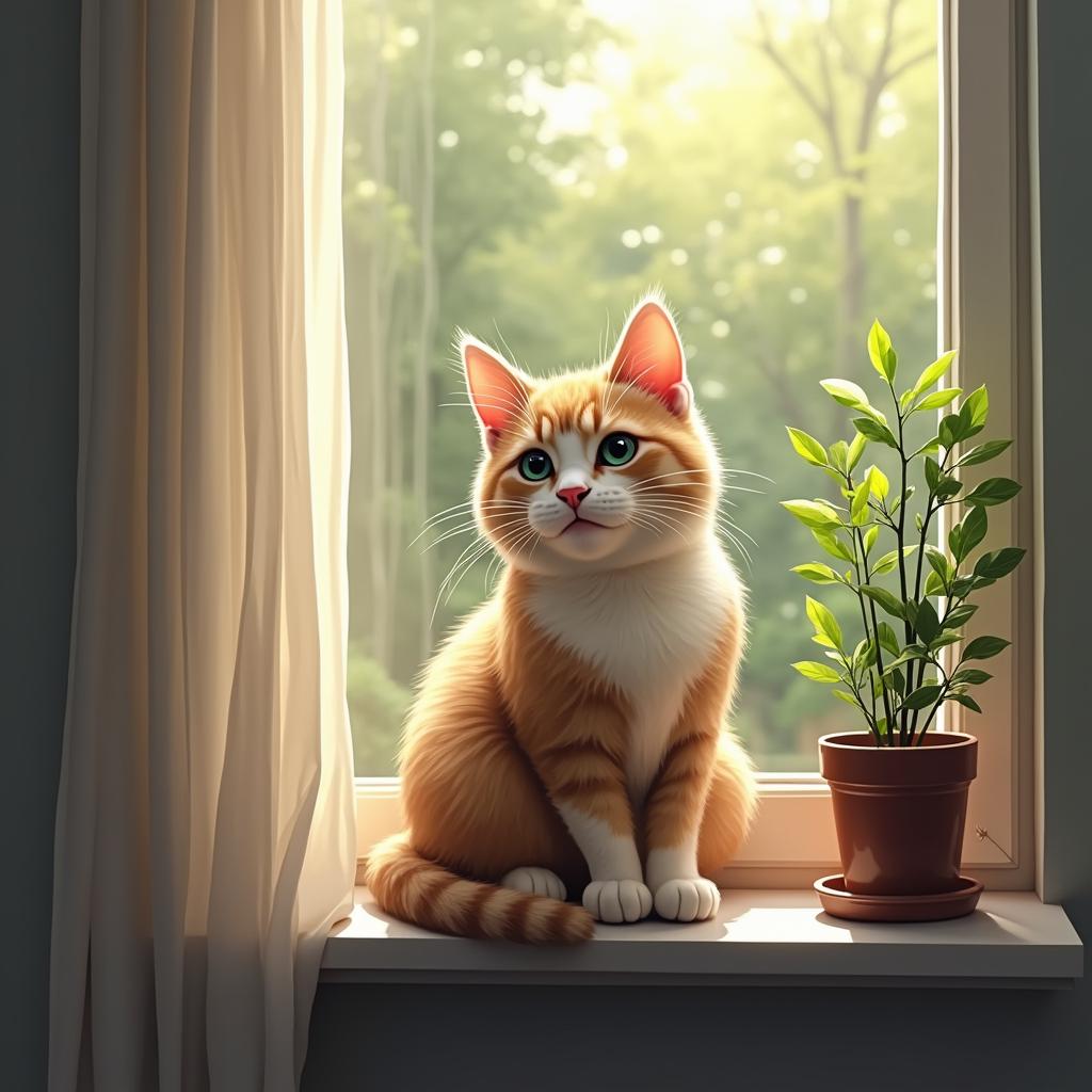  draw a cute cat sitting on a windowsill with a potted plant next to it. hyperrealistic, full body, detailed clothing, highly detailed, cinematic lighting, stunningly beautiful, intricate, sharp focus, f/1. 8, 85mm, (centered image composition), (professionally color graded), ((bright soft diffused light)), volumetric fog, trending on instagram, trending on tumblr, HDR 4K, 8K