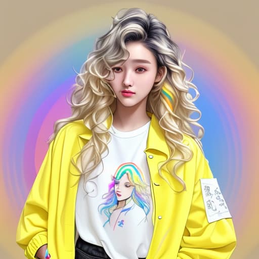  A young whereing a white shirt with a rainbow and a yellow jacket with a short with cute drawings on it with black wavy hair with some yellow hair