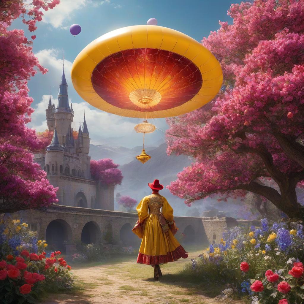  Flying saucer. Space, fantasy. Purple, blue, silver colors. Moon, aliens. There's a castle on the moon. Purple silk linen. Topaz, diamonds, quartzite, amber, topaz, emerald. А large balloon. Lightness, spring. (Sparkling rim)): spring field, hyacinths, roses, rosehips, rose hips, peonies, cherry tree, yellow, red. Рroper eye work.. Honoré Fargonard, Alfonso Mucha. hyperrealistic, full body, detailed clothing, highly detailed, cinematic lighting, stunningly beautiful, intricate, sharp focus, f/1. 8, 85mm, (centered image composition), (professionally color graded), ((bright soft diffused light)), volumetric fog, trending on instagram, trending on tumblr, HDR 4K, 8K