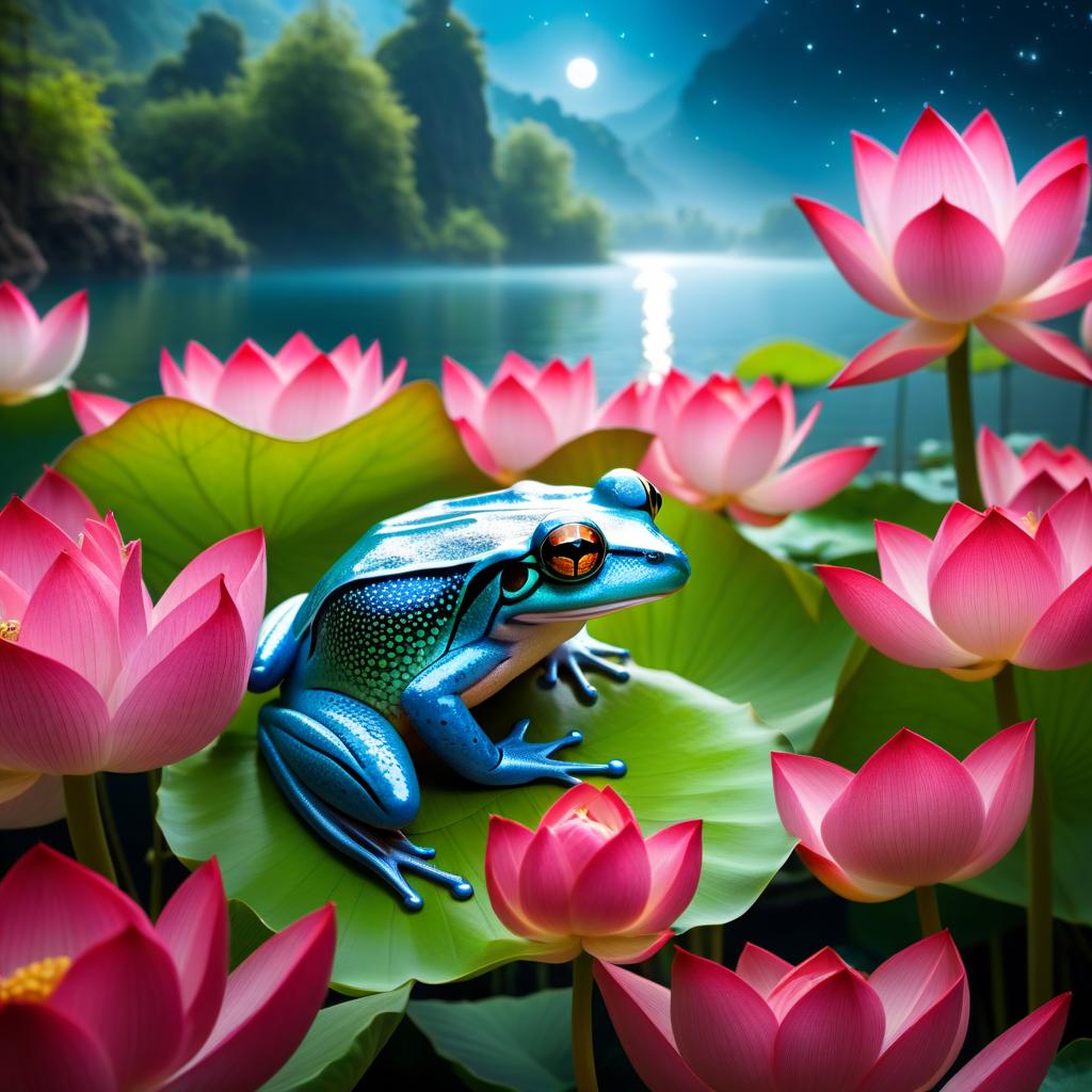  ethereal fantasy concept art of (Background): a lake with blooming lotuses of different shades: from white pink to bright crimson and leaves of tender green colour. The sky above the lake of dark blue colour with golden stars scattered on it. (Fantasy Princess Frog): in the centre of the lake on the biggest lotus flower sits a charming frog in a golden crown decorated with blue and blue precious stones. In his paws he holds a ring decorated with blue stones. Style: fantasy, Russian fairy tales, illustrations. . magnificent, celestial, ethereal, painterly, epic, majestic, magical, fantasy art, cover art, dreamy hyperrealistic, full body, detailed clothing, highly detailed, cinematic lighting, stunningly beautiful, intricate, sharp focus, f/1. 8, 85mm, (centered image composition), (professionally color graded), ((bright soft diffused light)), volumetric fog, trending on instagram, trending on tumblr, HDR 4K, 8K