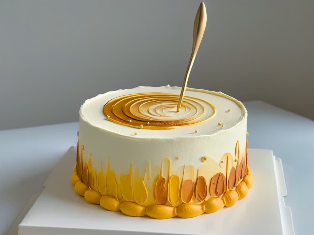  A closeup, ultradetailed image of a delicate paintbrush gently applying vibrant edible gold paint onto a meticulously decorated cake, showcasing intricate swirls and patterns. The paintbrush bristles are visible, capturing the fine details and precision required in the art of edible painting. The colors are rich and luxurious, evoking a sense of sophistication and artistry in dessert decoration. hyperrealistic, full body, detailed clothing, highly detailed, cinematic lighting, stunningly beautiful, intricate, sharp focus, f/1. 8, 85mm, (centered image composition), (professionally color graded), ((bright soft diffused light)), volumetric fog, trending on instagram, trending on tumblr, HDR 4K, 8K