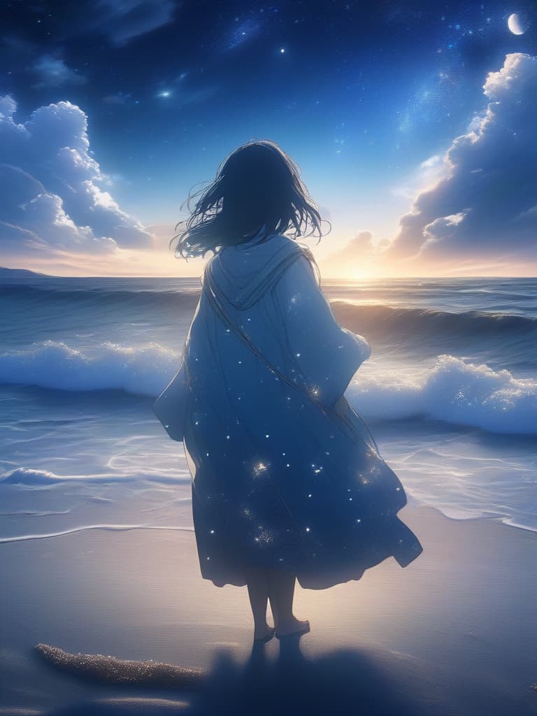  In the night sky, on the beach, a young man is looking up, looking up, the back, masterpiece, best quality,8k,ultra detailed,high resolution,an extremely delicate and beautiful,hyper detail