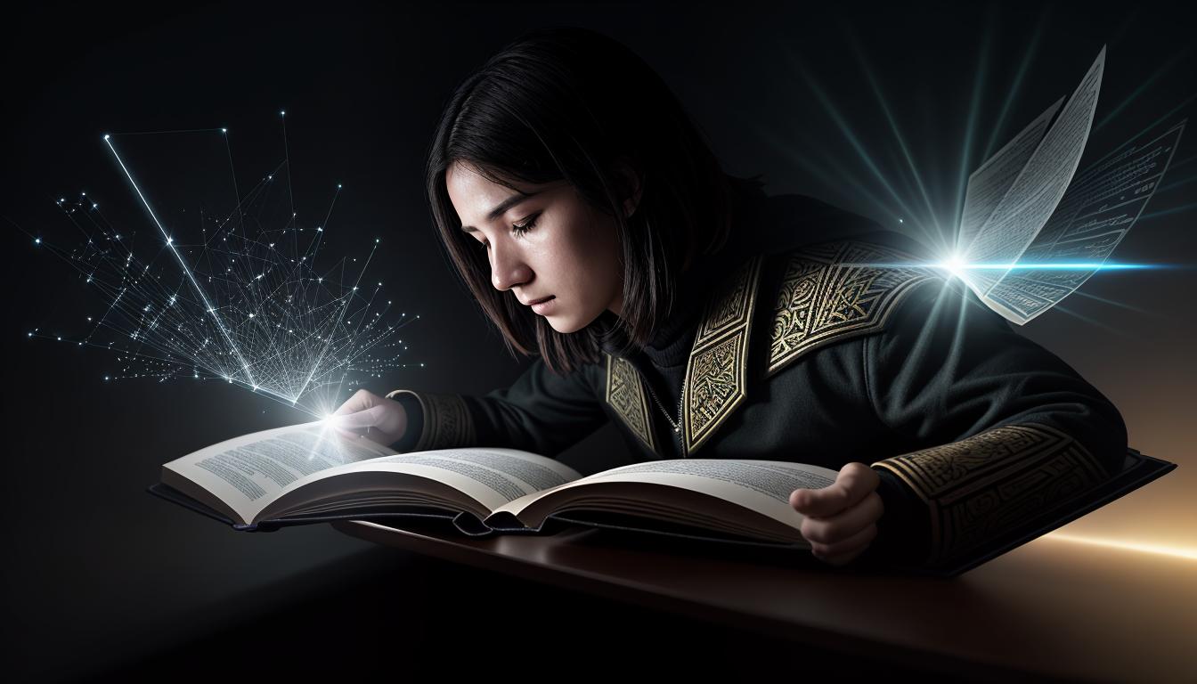  cinematic, aesthetic, Person with an open book, half strategic guide, half novel, blending intelligence and intuition, scholarly atmosphere, hint of wisdom, intricate design, intellectual environment, 4k, HDR, lens flare