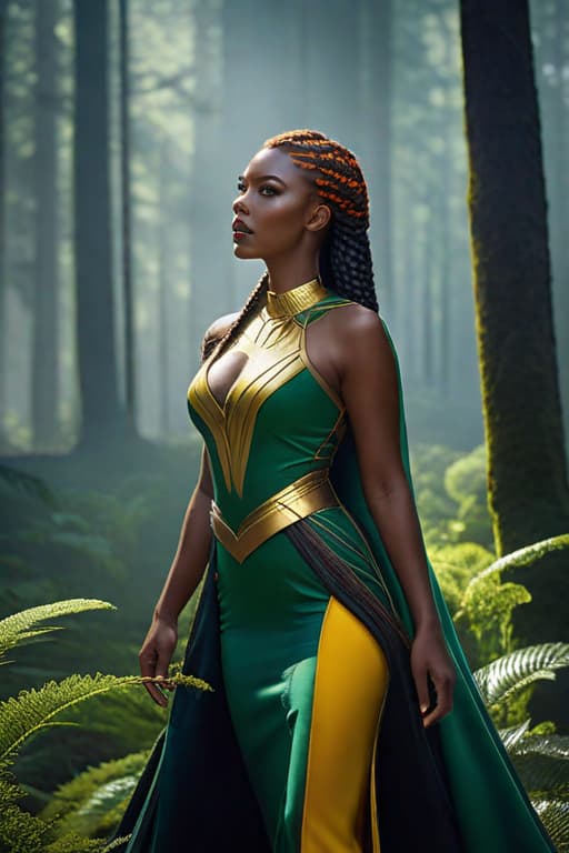  best quality, masterpiece, highres, photorealistic, high quality, volumetric lighting, candid, Photograph, high resolution, nightime, a black women with skin details, fiery braids hair, light Aureolin eyes, whymsical, fantasy, harmonious, determined, foggy old forest, dress like a super heros, beautiful with eyes liner realistic hyperrealistic, full body, detailed clothing, highly detailed, cinematic lighting, stunningly beautiful, intricate, sharp focus, f/1. 8, 85mm, (centered image composition), (professionally color graded), ((bright soft diffused light)), volumetric fog, trending on instagram, trending on tumblr, HDR 4K, 8K