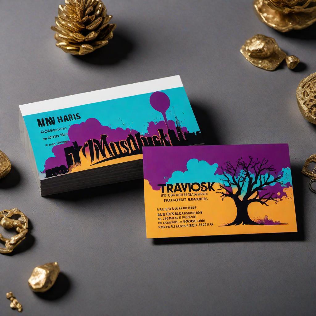  A graffiti-style business card for 'Travis Harris'. The text appears as though it was spray-painted on the side of a train, featuring a bold and vibrant color palette with midnight purple, neon turquoise, and gold. The company name 'Woodstock Tree & Gravel' is prominently displayed. Visual elements include the tree of life and a bucket truck. The details on the card should include: Name 'Travis Harris', Address '16 Quail Ridge RD, Ponca City, OK, 74604', and Phone number '1(580)826-8097'. The overall style is urban, vibrant, artistic, and professional. hyperrealistic, full body, detailed clothing, highly detailed, cinematic lighting, stunningly beautiful, intricate, sharp focus, f/1. 8, 85mm, (centered image composition), (professionally color graded), ((bright soft diffused light)), volumetric fog, trending on instagram, trending on tumblr, HDR 4K, 8K