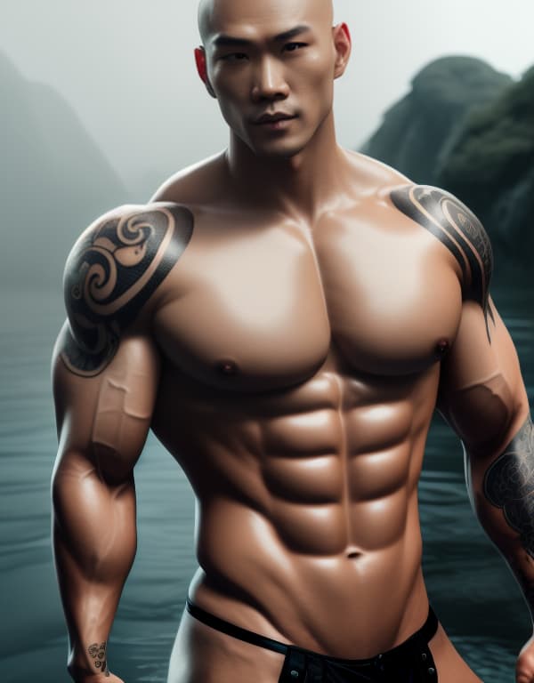  muscle, tattooed Chinese bald boy with no hair taking a in river ,  whole dorsal body，chest hair hyperrealistic, full body, detailed clothing, highly detailed, cinematic lighting, stunningly beautiful, intricate, sharp focus, f/1. 8, 85mm, (centered image composition), (professionally color graded), ((bright soft diffused light)), volumetric fog, trending on instagram, trending on tumblr, HDR 4K, 8K