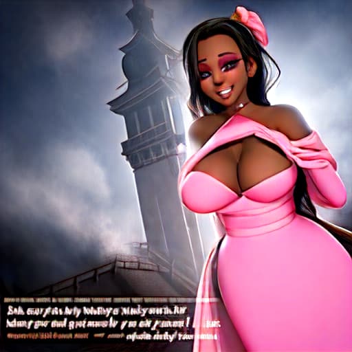  Create an anime image of a beautiful curvy lady on a ponytail hair wearing a pink gown that exposes her huge chest walking down a golden stairs. Smiling. Well detailed hyperrealistic, full body, detailed clothing, highly detailed, cinematic lighting, stunningly beautiful, intricate, sharp focus, f/1. 8, 85mm, (centered image composition), (professionally color graded), ((bright soft diffused light)), volumetric fog, trending on instagram, trending on tumblr, HDR 4K, 8K