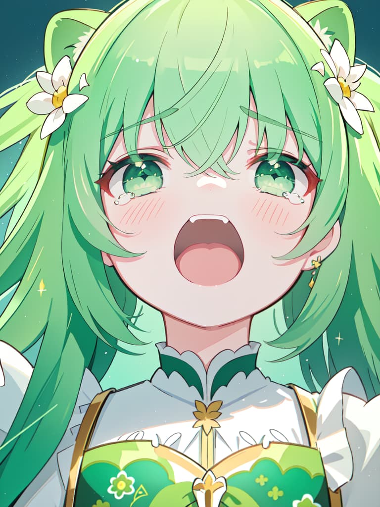  Close both eyes, open your mouth wide, and roar like crying, green hair character, masterpiece, best quality,8k,ultra detailed,high resolution,an extremely delicate and beautiful,hyper detail