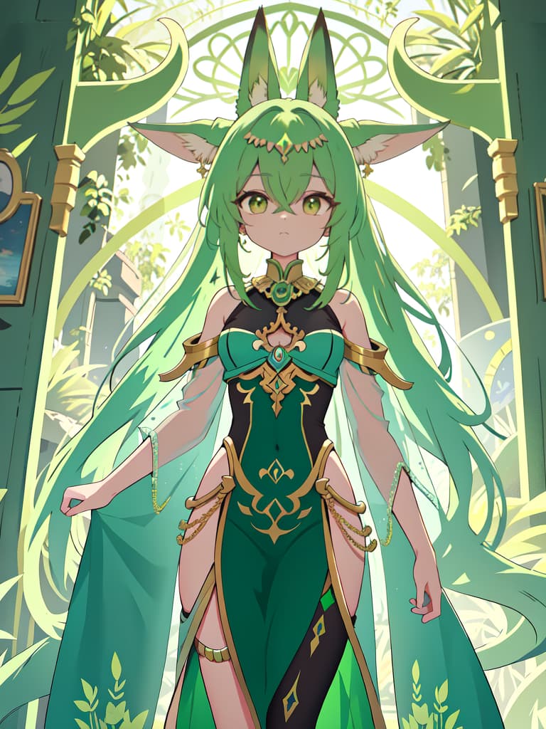  Green hair characters and murals of Anubis, masterpiece, best quality,8k,ultra detailed,high resolution,an extremely delicate and beautiful,hyper detail