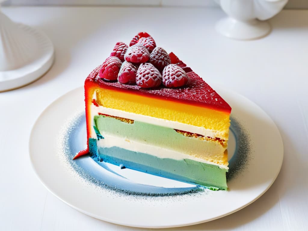  A minimalistic image of a vibrant rainbow cake slice, transitioning smoothly from red to orange, yellow, green, blue, and purple layers, showcased on a sleek, white ceramic plate. The cake is delicately garnished with edible silver glitter and a single, perfectly placed fresh raspberry on top. The focus is on the smooth color gradient and the impeccable presentation, exuding a sense of elegance and culinary artistry. hyperrealistic, full body, detailed clothing, highly detailed, cinematic lighting, stunningly beautiful, intricate, sharp focus, f/1. 8, 85mm, (centered image composition), (professionally color graded), ((bright soft diffused light)), volumetric fog, trending on instagram, trending on tumblr, HDR 4K, 8K