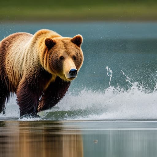 portrait+ style Grizzly bear catching salmon hyperrealistic, full body, detailed clothing, highly detailed, cinematic lighting, stunningly beautiful, intricate, sharp focus, f/1. 8, 85mm, (centered image composition), (professionally color graded), ((bright soft diffused light)), volumetric fog, trending on instagram, trending on tumblr, HDR 4K, 8K