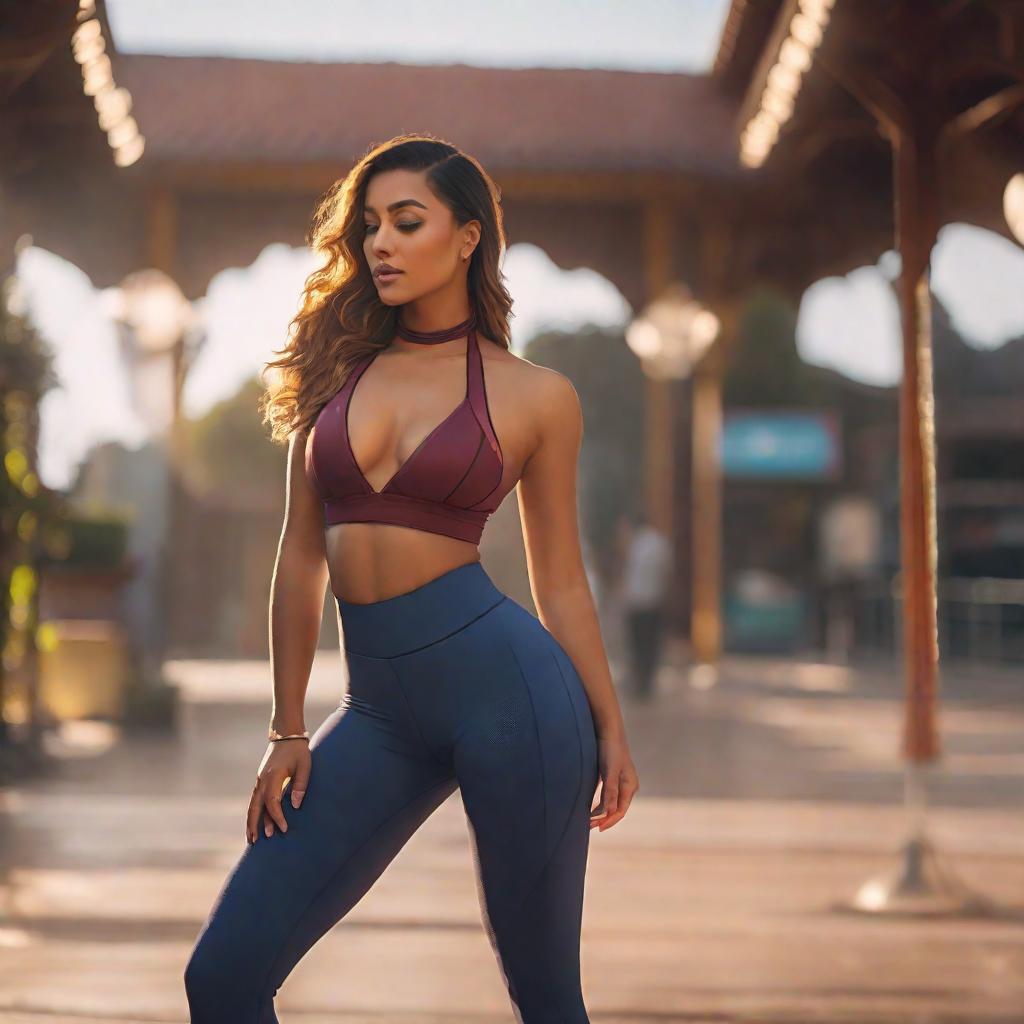  cute girl, wearing leggings and halter top, full-body shot hyperrealistic, full body, detailed clothing, highly detailed, cinematic lighting, stunningly beautiful, intricate, sharp focus, f/1. 8, 85mm, (centered image composition), (professionally color graded), ((bright soft diffused light)), volumetric fog, trending on instagram, trending on tumblr, HDR 4K, 8K