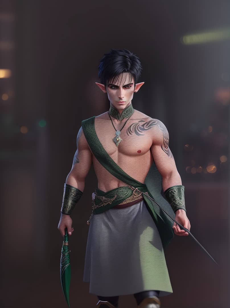  male, half-elf, short black hair, green eyes, tattoos, thin toned body, hyperrealistic, high quality, highly detailed, perfect lighting, intricate, sharp focus, f/1. 8, 85mm, (centered image composition), (professionally color graded), ((bright soft diffused light)), trending on instagram, HDR 4K, 8K