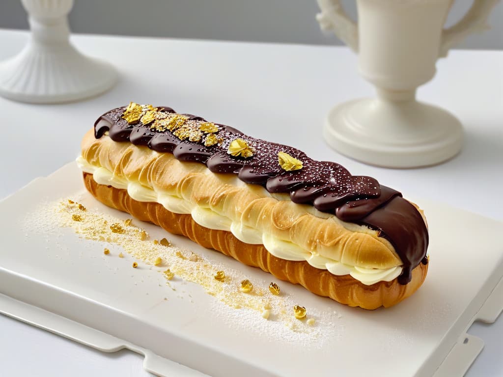  An ultradetailed image of a delicate, intricate éclair topped with glossy chocolate ganache and gold flakes, presented on a pristine white plate with a dusting of powdered sugar. The éclair is perfectly piped with vanilla bean pastry cream peeking out of each end, showcasing the precision and artistry of French pastry techniques. The lighting is soft, highlighting the golden hues of the ganache and adding a touch of elegance to the minimalistic composition. hyperrealistic, full body, detailed clothing, highly detailed, cinematic lighting, stunningly beautiful, intricate, sharp focus, f/1. 8, 85mm, (centered image composition), (professionally color graded), ((bright soft diffused light)), volumetric fog, trending on instagram, trending on tumblr, HDR 4K, 8K