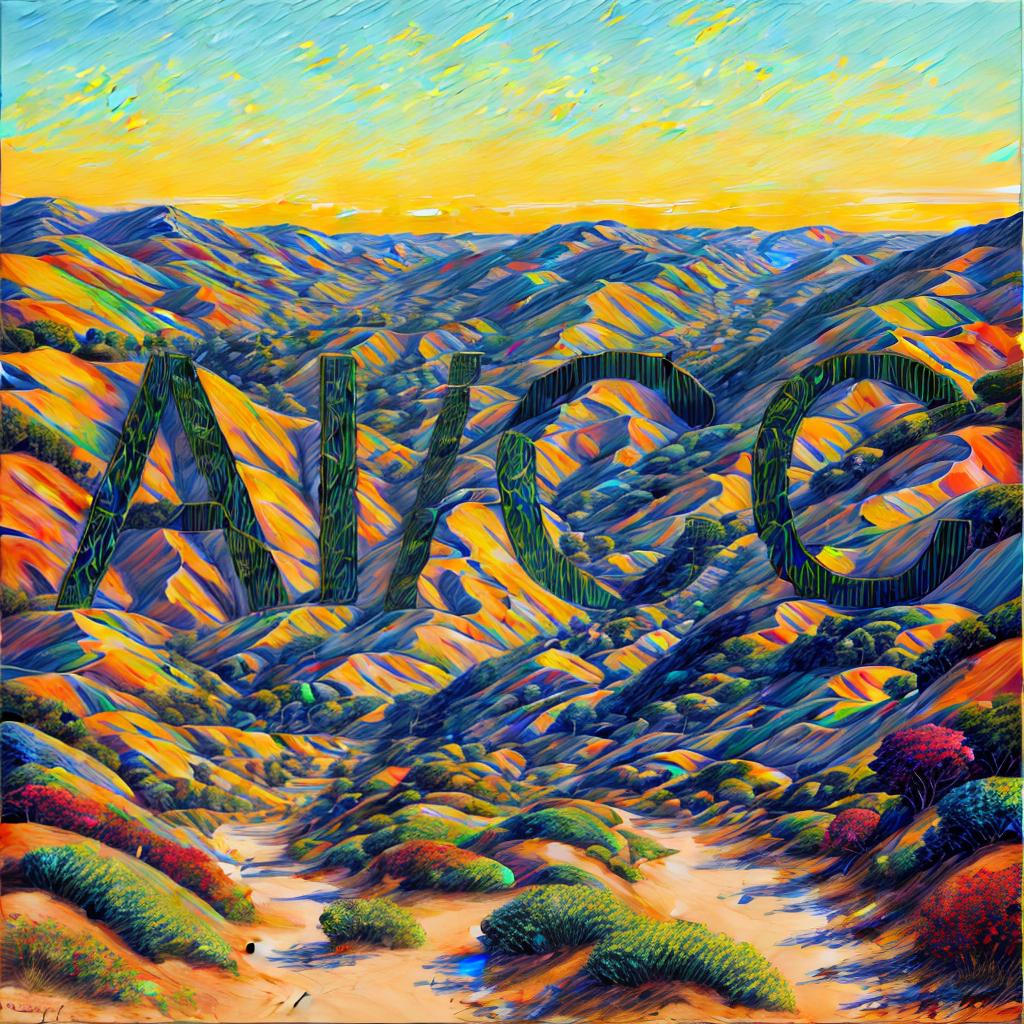  Hip hop style graffiti painting of a California landscape with impressionistic brushstrokes, vibrant colors, and bold outlines reminiscent of the Golden State&#039;s sunsets and coastline. style Graffiti, styles for printing, advanced detail processing, style Impressionism,, best quality, masterpiece