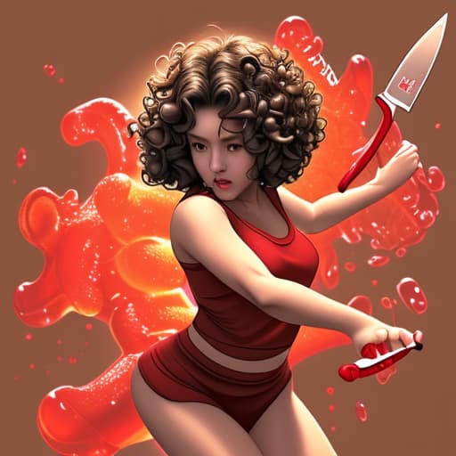  A short brown woman with curly hair running from a red gummy bear holding a knife