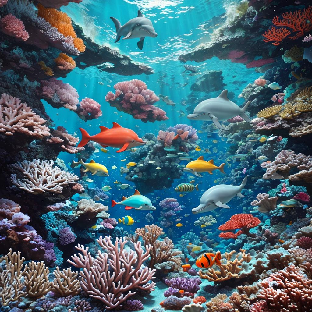  masterpiece, best quality, Most Beautiful in deep sea teeming with vibrant corals, diverse marine life, and enchanting underwater landscapes, full of corals, acrophore, small fishes, anemones, dolphin, various algaes, caves, colorful,all captured in stunning 8k resolution with intricate details.