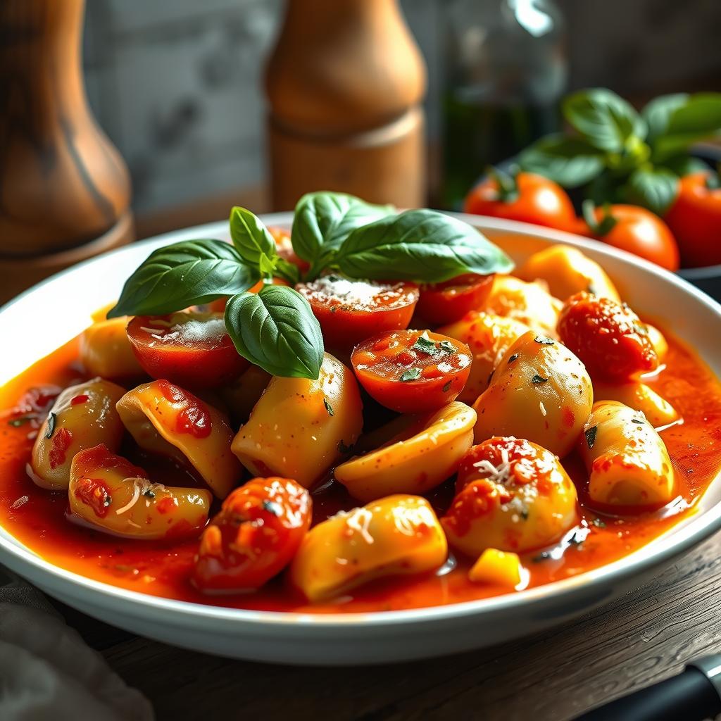  a rustic italian kitchen setting with a freshly baked dish of gnocchi alla sorrentina. the gnocchi is golden and bubbling with melted mozzarella, surrounded by a vibrant tomato sauce. fresh basil leaves and a drizzle of olive oil add a finishing touch, capturing the essence of authentic italian cuisine. fullhd s 50 v 6.0 hyperrealistic, full body, detailed clothing, highly detailed, cinematic lighting, stunningly beautiful, intricate, sharp focus, f/1. 8, 85mm, (centered image composition), (professionally color graded), ((bright soft diffused light)), volumetric fog, trending on instagram, trending on tumblr, HDR 4K, 8K