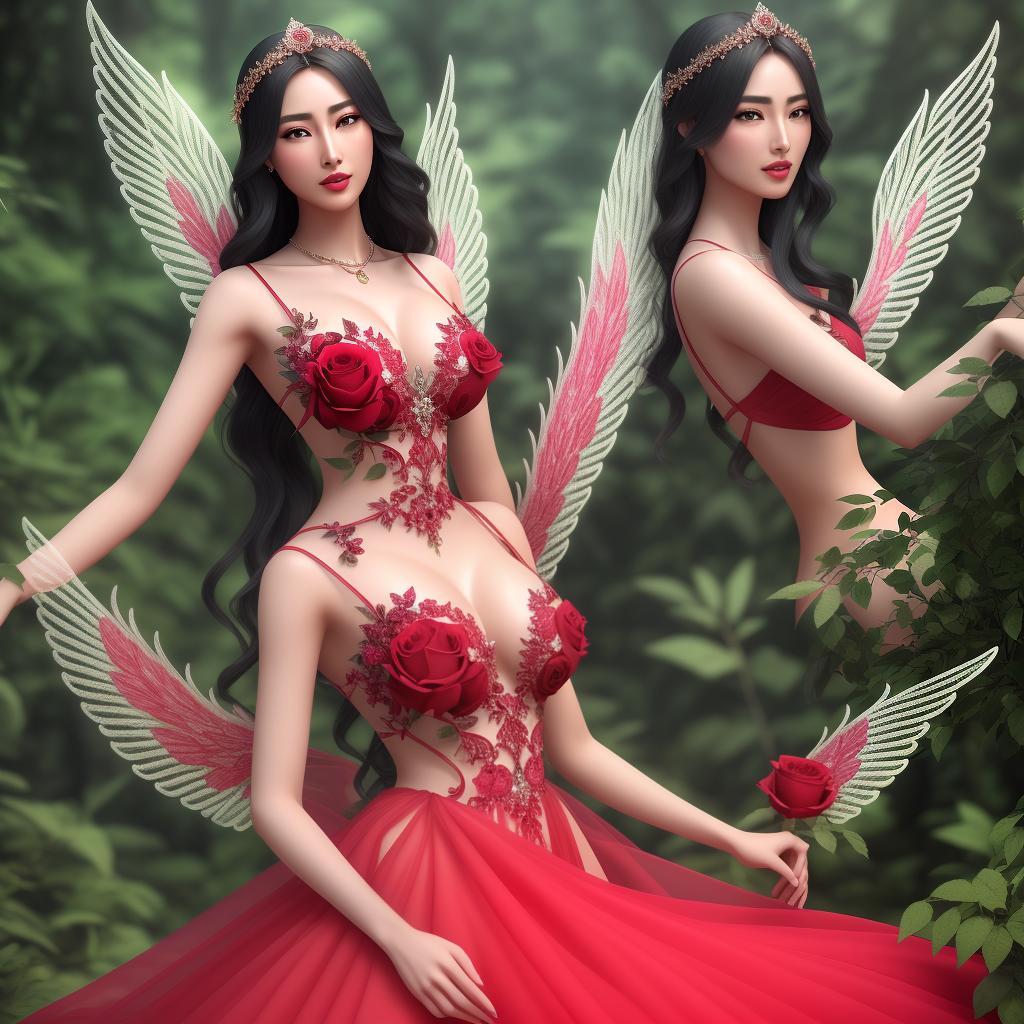  Create a 32k ultra-high-detail image of an ethereal being with delicate wings, a glowing halo. She wears beautiful translucent red dress decorated with ruby and jewelry. She holds a radiant rose, surrounded by a mystic forest backdrop. Her celestial aura should be captured in a photorealistic style, making it a clear, vivid masterpiece., fantasy art, hyper detailed, beautiful, (high detailed skin:1.2), 8k uhd, dslr, soft lighting, high quality, film grain, Fujifilm XT3 hyperrealistic, full body, detailed clothing, highly detailed, cinematic lighting, stunningly beautiful, intricate, sharp focus, f/1. 8, 85mm, (centered image composition), (professionally color graded), ((bright soft diffused light)), volumetric fog, trending on instagram, trending on tumblr, HDR 4K, 8K