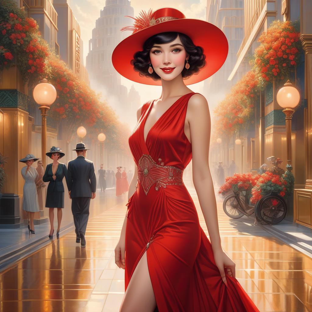  Full size, masterpiece, oil painting 1.3, Portrait, happy, lovely, smiling European girl in a hat. long red dress, with a fashion style (((art deco))), Helen Lam, Gustav Klimt, art deco, (((retro 1.3))), highly detailed, complex artwork, with many details and patterns, illustration hyperrealistic, full body, detailed clothing, highly detailed, cinematic lighting, stunningly beautiful, intricate, sharp focus, f/1. 8, 85mm, (centered image composition), (professionally color graded), ((bright soft diffused light)), volumetric fog, trending on instagram, trending on tumblr, HDR 4K, 8K