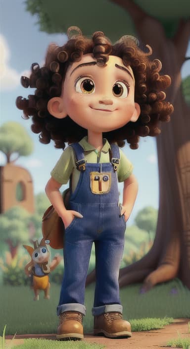  {Riley looking up at the tree with a big smile, animals surrounding them., Riley, a curious with big brown eyes and curly hair, wearing overalls and carrying a small backpack. Their friend, Skye, a bluebird with shiny feathers.