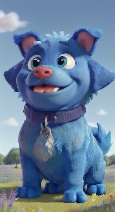  {A happy, big blue dog wagging its tail in a colorful meadow, The big blue dog is large with sky blue fur, big round eyes, a black nose, and floppy ears.