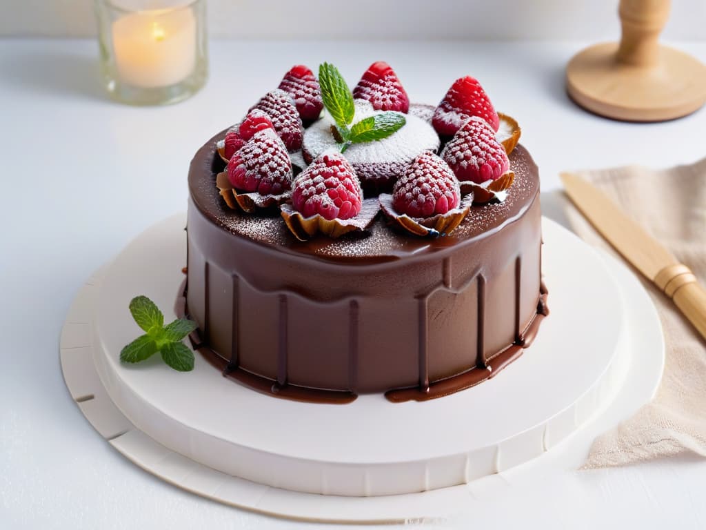  A closeup, highresolution image of a perfectly baked glutenfree chocolate cake with a glossy ganache glaze, decorated with fresh raspberries and mint leaves on a sleek, modern white plate, set against a soft, neutral background to highlight the intricate details and textures of the dessert. hyperrealistic, full body, detailed clothing, highly detailed, cinematic lighting, stunningly beautiful, intricate, sharp focus, f/1. 8, 85mm, (centered image composition), (professionally color graded), ((bright soft diffused light)), volumetric fog, trending on instagram, trending on tumblr, HDR 4K, 8K