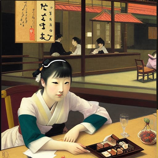  Beautiful young Japanese reclining on a dinner table, fine chocolates. Background is a Japanese restaurant. Painting style of Edgar Degas