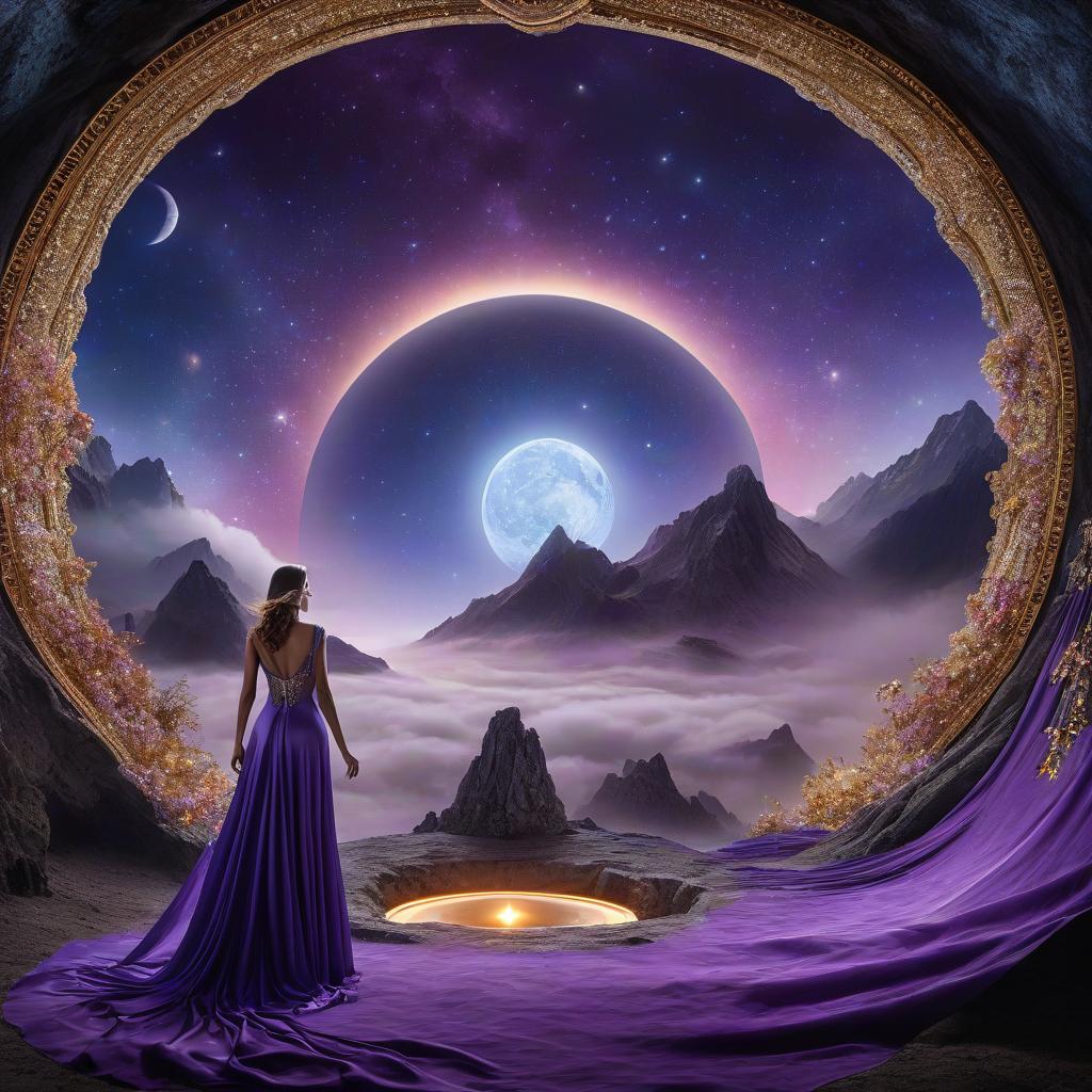  Flying saucer. Space, fantasy. Purple, blue, silver colors. Moon. Purple silk linen. Topaz, diamonds, quartzite, amber, topaz, emerald. The meeting of the sun and the moon. hyperrealistic, full body, detailed clothing, highly detailed, cinematic lighting, stunningly beautiful, intricate, sharp focus, f/1. 8, 85mm, (centered image composition), (professionally color graded), ((bright soft diffused light)), volumetric fog, trending on instagram, trending on tumblr, HDR 4K, 8K