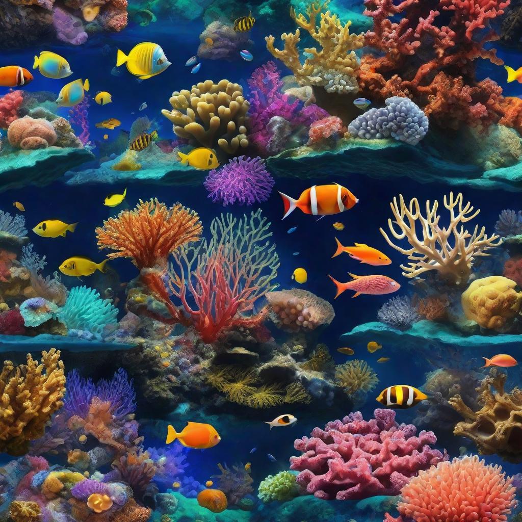  masterpiece, best quality, beautiful deep sea full of corals, diverse marine life and fascinating underwater landscapes with corals, appendages, small fish, anemones, dolphins, various algae, caves, colorful, 8k resolution and intricate detail