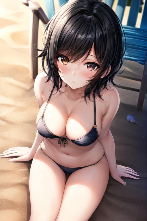  cute anime girl on beach,short black hair,brown eyes,tanga,girl, masterpiece, best quality, extremely detailed background, illustration, beautiful detailed, dramatic light, gorgeous eyes, solo