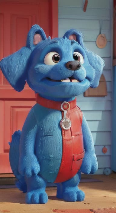  {Max the big blue dog standing in front of a cozy little house with a red door, The big blue dog is large with sky blue fur, big round eyes, a black nose, and floppy ears.