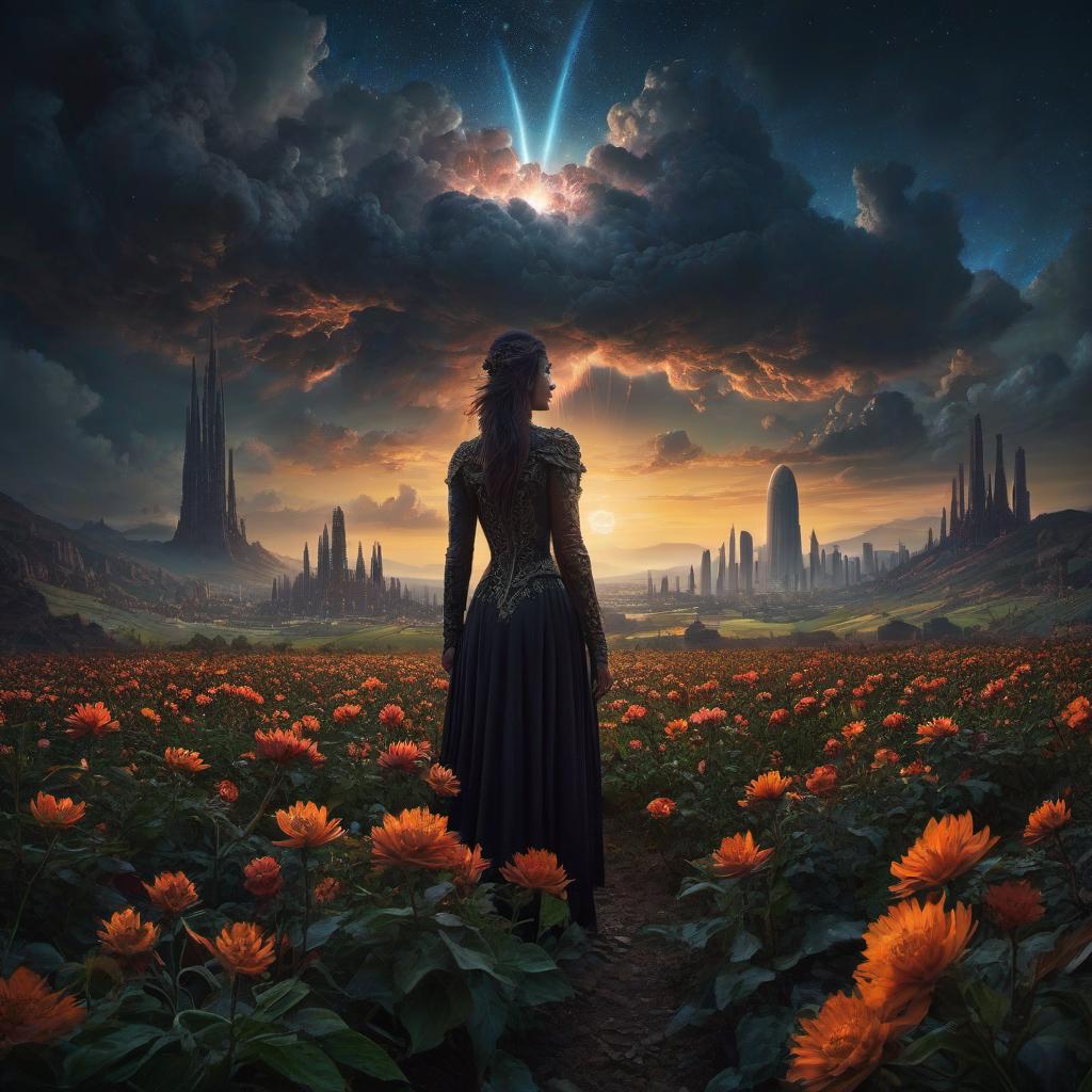  (stylized by Tomasz Alen Kopera:1.3) , dark art, dense flower field and Perseid meteor in background, landscape of a (Barcelona:1.2) , very Bizarre and 1600'S, Hurricane, Glitchcore, Amaro, layered textures, ornate, intricate artistic color, complimentary colors, very inspirational, atmosphere, fine artistic composition, sunny, theatrical hyperrealistic, full body, detailed clothing, highly detailed, cinematic lighting, stunningly beautiful, intricate, sharp focus, f/1. 8, 85mm, (centered image composition), (professionally color graded), ((bright soft diffused light)), volumetric fog, trending on instagram, trending on tumblr, HDR 4K, 8K