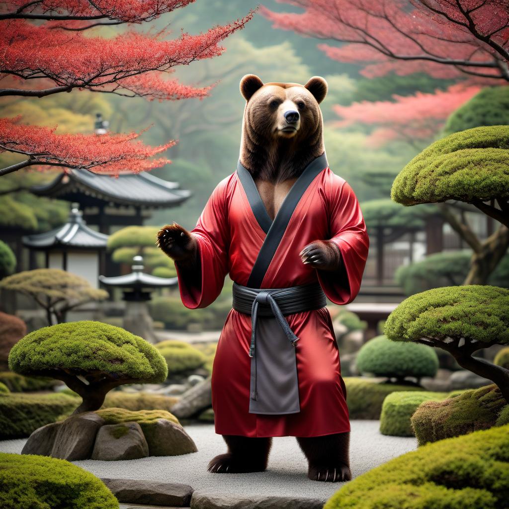  Humanoid bear Kung Fu monk standing in a Japanese garden hyperrealistic, full body, detailed clothing, highly detailed, cinematic lighting, stunningly beautiful, intricate, sharp focus, f/1. 8, 85mm, (centered image composition), (professionally color graded), ((bright soft diffused light)), volumetric fog, trending on instagram, trending on tumblr, HDR 4K, 8K