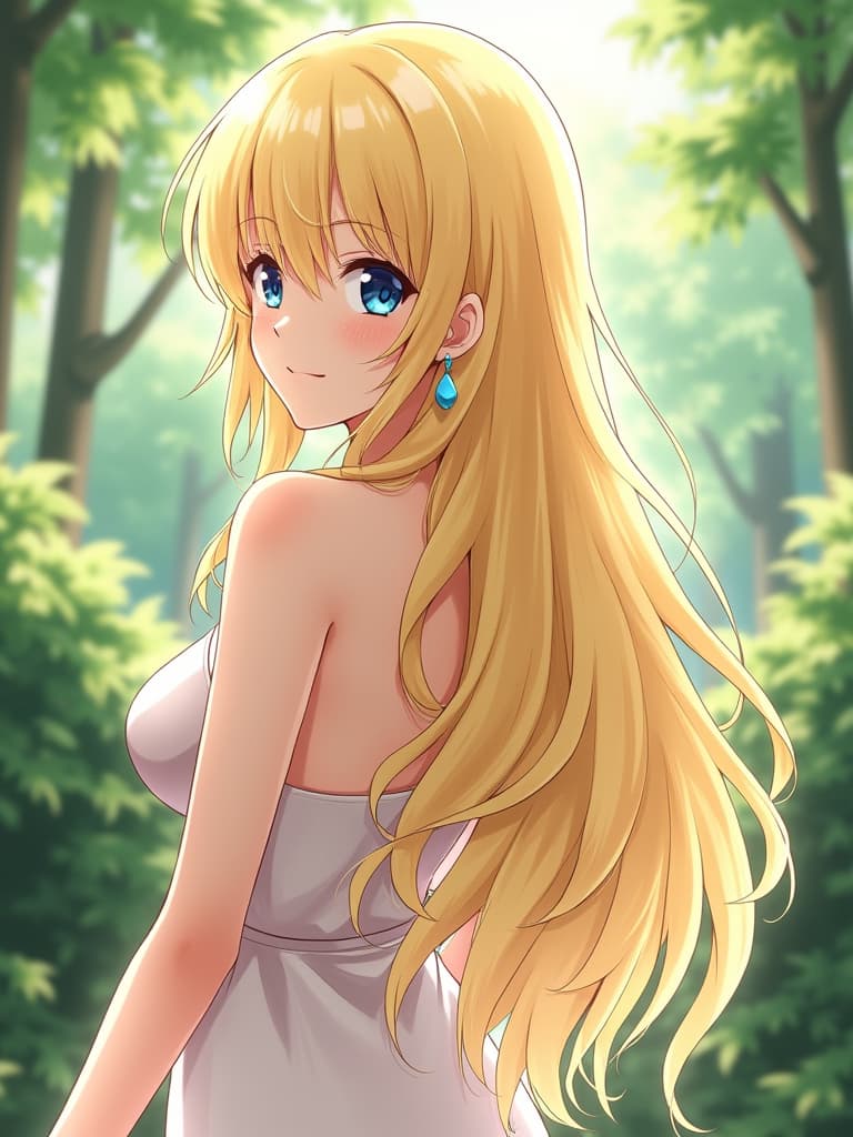  in the image, a beautiful blonde woman is posing with her back towards the viewer, displaying her long and luxurious hair. she appears to be in a garden setting, surrounded by trees, creating a serene atmosphere. her hair cascades down her back, and she is adorned with a pair of earrings, further enhancing her elegance.3d, anime artwork, anime style, key visual, vibrant, studio anime, highly detailed