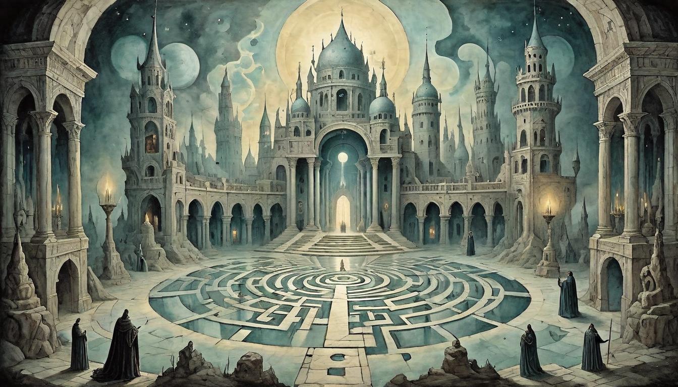  on parchment, surrealism+++, Labyrinth of mirrors under an eerie light, reflecting and distorting divine illumination, complex, deceptive(mysterious, provocative, symbolic,muted color)+++