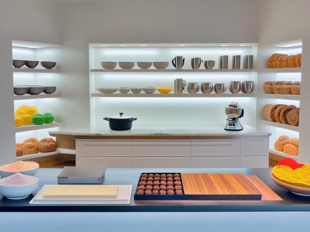  An ultradetailed image of a sleek, modern kitchen filled with an array of baking tools and ingredients neatly organized on minimalist shelves. The image captures a pristine marble countertop with a rolling pin, cookie cutters, and bowls of colorful sprinkles, showcasing the essence of a professional and organized baking environment. hyperrealistic, full body, detailed clothing, highly detailed, cinematic lighting, stunningly beautiful, intricate, sharp focus, f/1. 8, 85mm, (centered image composition), (professionally color graded), ((bright soft diffused light)), volumetric fog, trending on instagram, trending on tumblr, HDR 4K, 8K