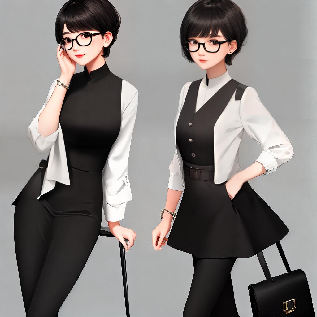  masterpiece, best quality, black short hair, hairstyle slightly parted glasses, oval face, wearing a dress black sleeves white, black pants,172cm