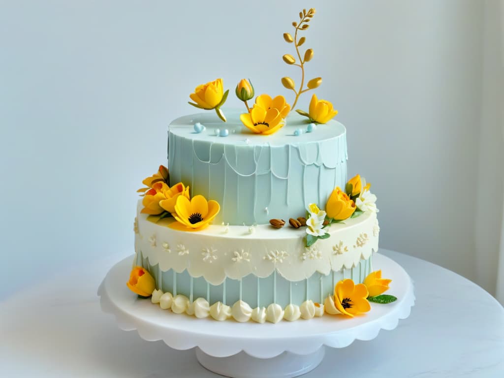  An ultradetailed, photorealistic image of a stunning threetiered cake covered in intricate sugar flowers and delicate lace designs. The cake is elegantly displayed on a marble cake stand, with soft natural light casting gentle shadows to highlight the craftsmanship of the edible art piece. Each petal, leaf, and swirl of frosting is so lifelike that viewers can almost smell the sweet vanilla and almond flavors emanating from the perfectly baked layers. This image is a feast for the eyes, inspiring readers to explore the world of special ingredients in baking and elevate their culinary creations to new heights. hyperrealistic, full body, detailed clothing, highly detailed, cinematic lighting, stunningly beautiful, intricate, sharp focus, f/1. 8, 85mm, (centered image composition), (professionally color graded), ((bright soft diffused light)), volumetric fog, trending on instagram, trending on tumblr, HDR 4K, 8K