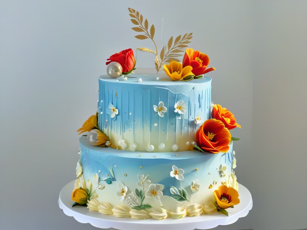  A photorealistic image of an intricately decorated threetiered cake, adorned with delicate sugar flowers in vibrant colors, intricate piping details, and shimmering edible gold accents. The cake is displayed on a pristine white cake stand against a soft, blurred background to highlight its craftsmanship and artistry. The lighting is soft and diffused, casting gentle shadows to enhance the depth and realism of the image. hyperrealistic, full body, detailed clothing, highly detailed, cinematic lighting, stunningly beautiful, intricate, sharp focus, f/1. 8, 85mm, (centered image composition), (professionally color graded), ((bright soft diffused light)), volumetric fog, trending on instagram, trending on tumblr, HDR 4K, 8K