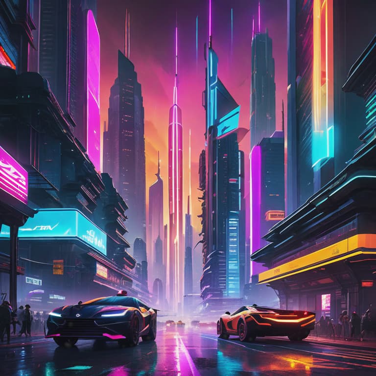  The image showcases a vibrant and dystopian futuristic cityscape. Glowing neon lights reflect off the asphalt, creating a mesmerizing display of colors. Towering skyscrapers with sharp and angular designs reach towards the darkened sky, their windows lit up like beacons in the night. Flying vehicles zoom through the illuminated streets, leaving trails of neon streaks behind them. The air is filled with a sense of energy and tension, as if the city itself is on the verge of collapse. This scene immerses viewers in a cyberpunk world, reminiscent of the popular genre in video games. hyperrealistic, full body, detailed clothing, highly detailed, cinematic lighting, stunningly beautiful, intricate, sharp focus, f/1. 8, 85mm, (centered image composition), (professionally color graded), ((bright soft diffused light)), volumetric fog, trending on instagram, trending on tumblr, HDR 4K, 8K