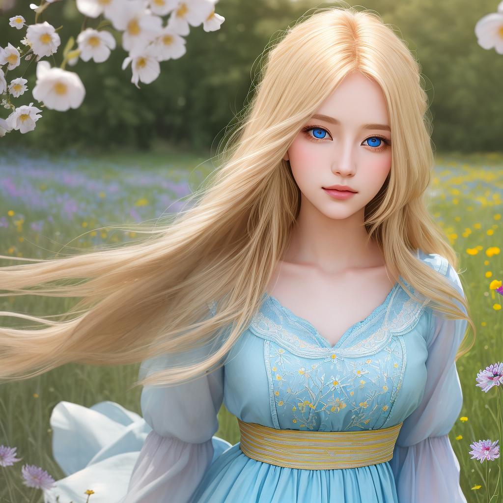  masterpiece, best quality, A close-up shot of a young woman with flowing blond hair and piercing blue eyes. She stands in a vibrant field of wildflowers, with the sun casting a warm golden glow on her face. The atmosphere is dreamy and ethereal, evoking a sense of freedom and serenity. The style is a beautifully composed photograph, capturing the natural beauty of the subject. The lighting is soft and natural, enhancing the woman's features and creating a romantic ambiance. Realization: Shot with a high-resolution DSLR camera, using a shallow depth of field to create a blurred background and draw attention to the subject's captivating eyes.