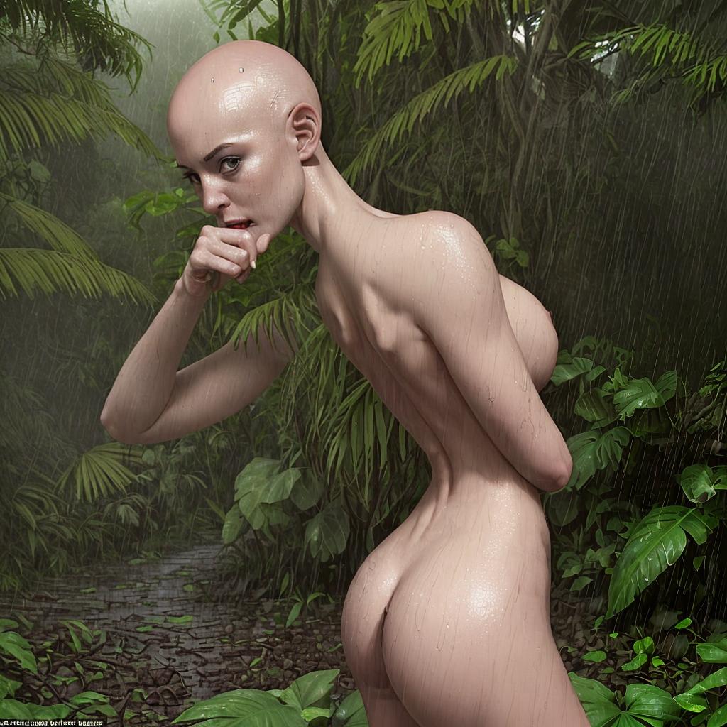  bald-girl, dirty, naked, with her back, in the jungle, it’s raining, looks at me and beckons her finger towards her